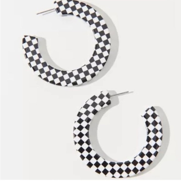NWT Urban Outfitters Checkered Hoop Earrings in Black | White - Picture 6 of 7